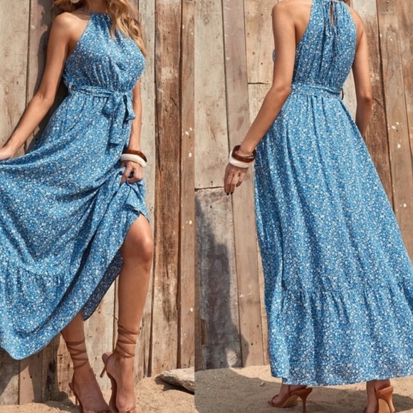 Boho floral print belted halter maxi dress - Picture 2 of 5